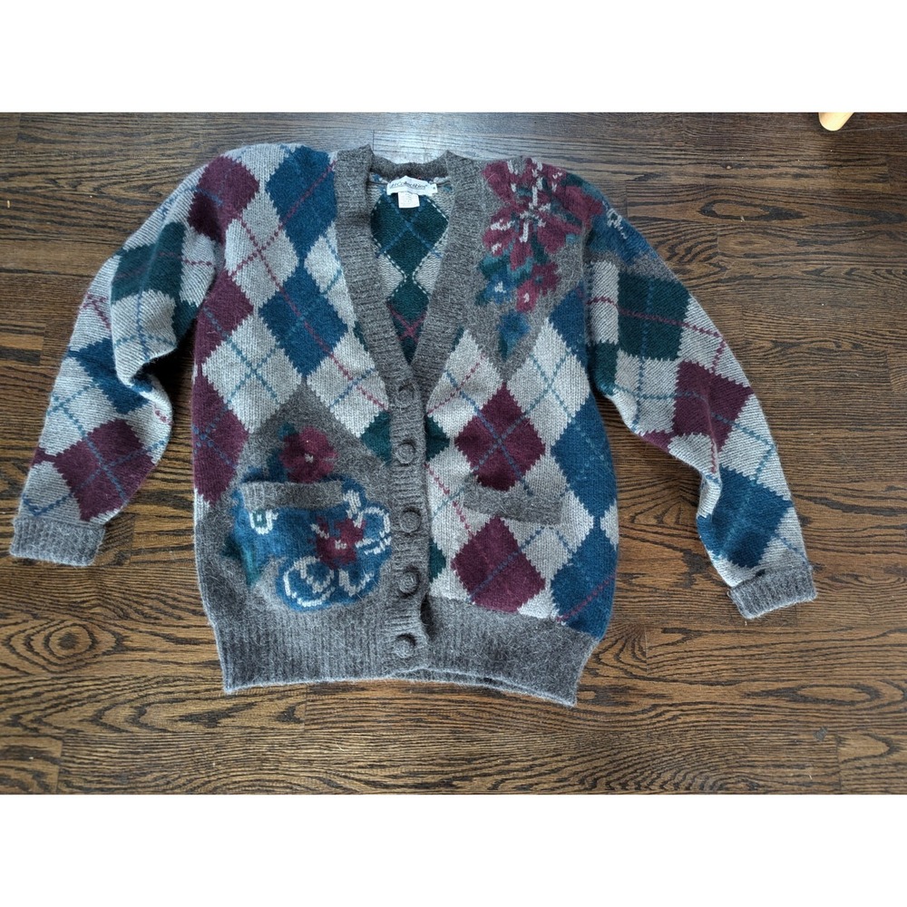Vntg JH Collectibles Angora lambs Wool Blend Cardigan Sweater sz M Floral Argyle